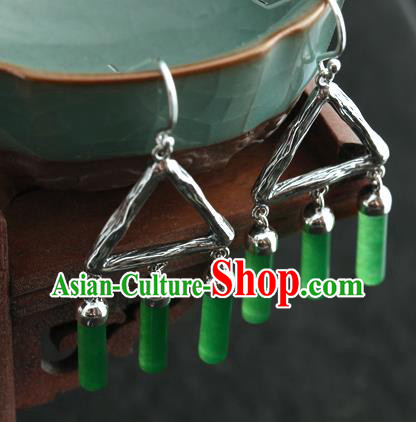 Handmade Chinese Jade Tassel Eardrop Classical Cheongsam Earrings Accessories Traditional Silver Ear Jewelry
