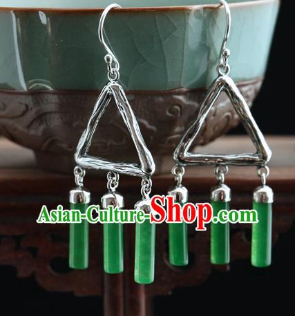 Handmade Chinese Jade Tassel Eardrop Classical Cheongsam Earrings Accessories Traditional Silver Ear Jewelry
