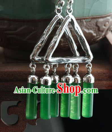 Handmade Chinese Jade Tassel Eardrop Classical Cheongsam Earrings Accessories Traditional Silver Ear Jewelry