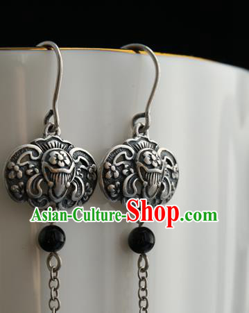Handmade Chinese Silver Bat Eardrop Classical Cheongsam Earrings Accessories Traditional Agate Ear Jewelry