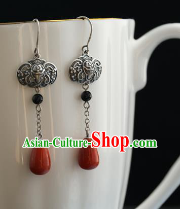 Handmade Chinese Silver Bat Eardrop Classical Cheongsam Earrings Accessories Traditional Agate Ear Jewelry