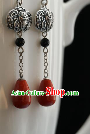 Handmade Chinese Silver Bat Eardrop Classical Cheongsam Earrings Accessories Traditional Agate Ear Jewelry