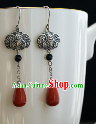 Handmade Chinese Silver Bat Eardrop Classical Cheongsam Earrings Accessories Traditional Agate Ear Jewelry