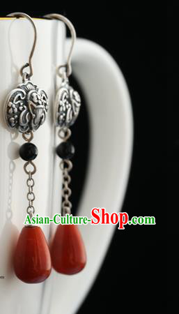 Handmade Chinese Silver Bat Eardrop Classical Cheongsam Earrings Accessories Traditional Agate Ear Jewelry
