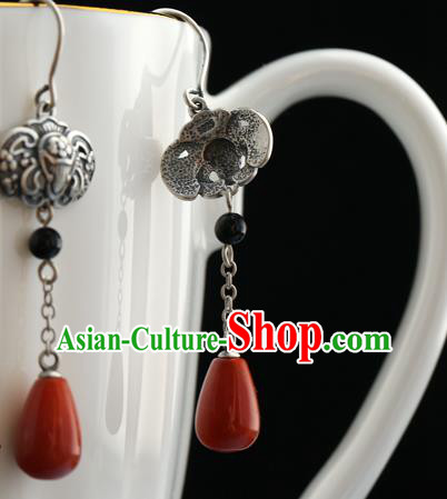 Handmade Chinese Silver Bat Eardrop Classical Cheongsam Earrings Accessories Traditional Agate Ear Jewelry