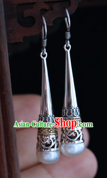 Handmade Chinese Pearl Eardrop Classical Cheongsam Earrings Accessories Traditional Silver Ear Jewelry