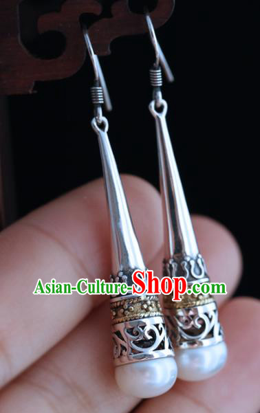 Handmade Chinese Pearl Eardrop Classical Cheongsam Earrings Accessories Traditional Silver Ear Jewelry