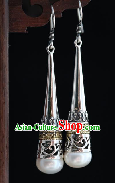 Handmade Chinese Pearl Eardrop Classical Cheongsam Earrings Accessories Traditional Silver Ear Jewelry