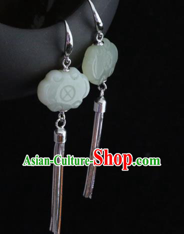 Handmade Chinese Silver Eardrop Traditional Ear Jewelry Classical Cheongsam Hetian Jade Earrings Accessories