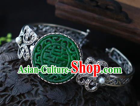 China Traditional Silver Bracelet Classical Cheongsam Jade Wristlet Bangle Jewelry Accessories