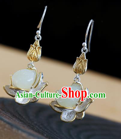 Handmade Chinese Jade Lotus Seedpod Eardrop Classical Cheongsam Earrings Accessories Traditional Ear Jewelry