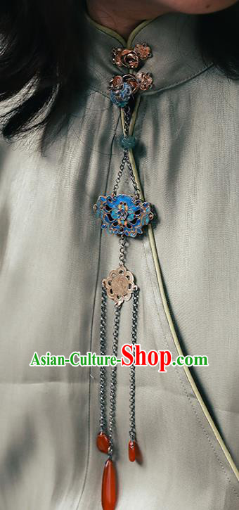 Chinese Classical Silver Longevity Lock National Tassel Necklace Handmade Ethnic Blueing Flower Necklet Accessories