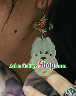 Handmade Chinese Classical Cheongsam Jade Butterfly Earrings Accessories Silver Carving Eardrop Traditional Ear Jewelry