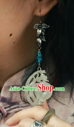 Handmade Chinese Traditional Ear Jewelry Classical Cheongsam Silver Orchid Earrings Accessories Jade Eardrop
