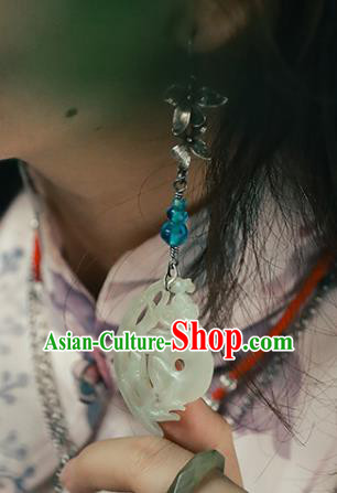 Handmade Chinese Traditional Ear Jewelry Classical Cheongsam Silver Orchid Earrings Accessories Jade Eardrop
