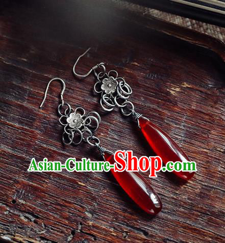 Handmade Chinese Traditional Silver Plum Ear Jewelry Classical Cheongsam Earrings Accessories Agate Eardrop