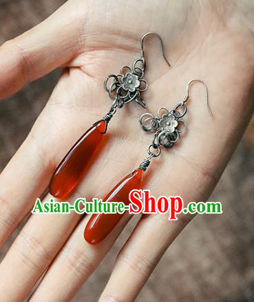 Handmade Chinese Traditional Silver Plum Ear Jewelry Classical Cheongsam Earrings Accessories Agate Eardrop