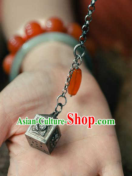 China Agate Tassel Bangle Traditional Silver Seal Bracelet Accessories Classical Wristlet Chain Jewelry