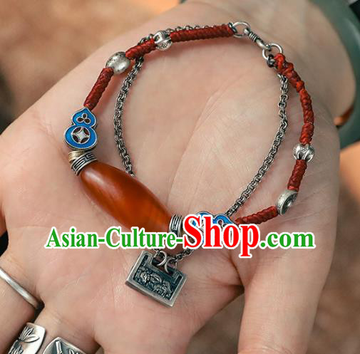 China Traditional Silver Longevity Lock Bracelet Accessories Bangle Jewelry Classical Agate Wristlet Chain