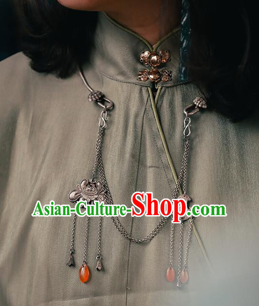 Chinese National Tassel Necklace Handmade Ethnic Necklet Accessories Classical Silver Longevity Lock
