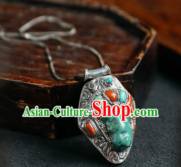 Chinese Handmade Ethnic Necklet Accessories Classical Kallaite Jewelry National Silver Carving Necklace