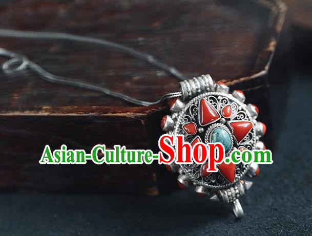 Chinese Classical Kallaite Jewelry National Silver Carving Necklace Handmade Ethnic Necklet Accessories
