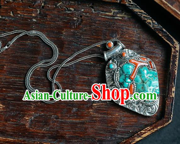Chinese Classical Corallite Jewelry National Silver Carving Necklace Handmade Ethnic Kallaite Necklet Accessories