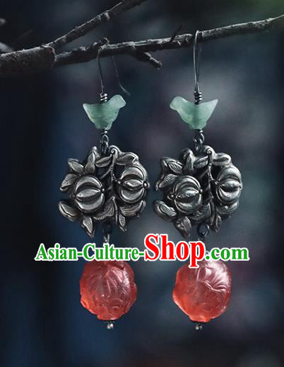 Handmade Chinese Traditional Red Coloured Glaze Ear Jewelry Classical Cheongsam Earrings Accessories Silver Flowers Eardrop