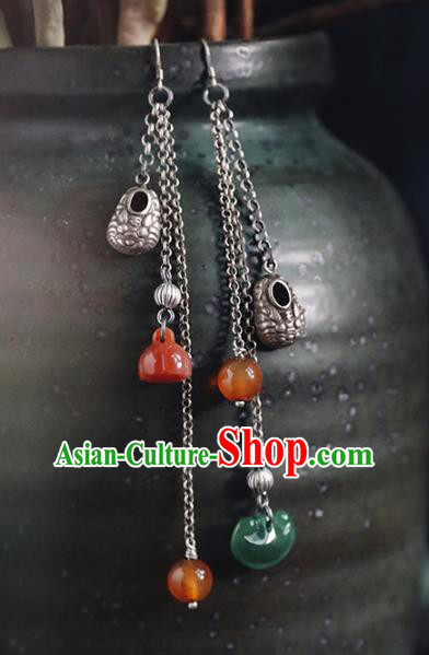 Handmade Chinese Traditional Agate Tassel Ear Jewelry Classical Cheongsam Earrings Accessories Silver Eardrop