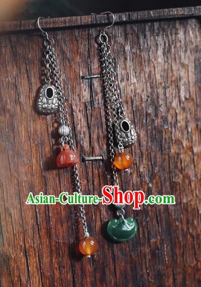 Handmade Chinese Traditional Agate Tassel Ear Jewelry Classical Cheongsam Earrings Accessories Silver Eardrop
