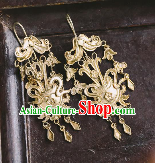Handmade Chinese Golden Eardrop Traditional Ear Jewelry Classical Cheongsam Earrings Accessories