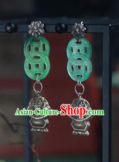 Handmade Chinese Wedding Jade Eardrop Classical Cheongsam Silver Earrings Accessories Traditional Ear Jewelry
