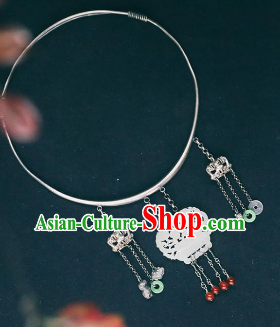Chinese Jade Longevity Lock Handmade Ethnic Necklet Accessories Classical Jewelry National Silver Necklace