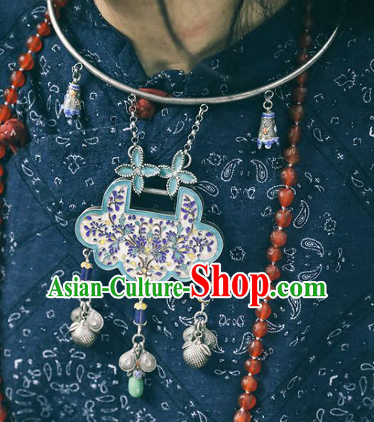 Chinese Classical Blueing Longevity Lock Jewelry National Silver Necklace Handmade Ethnic Necklet Accessories