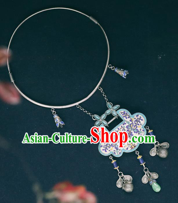 Chinese Classical Blueing Longevity Lock Jewelry National Silver Necklace Handmade Ethnic Necklet Accessories