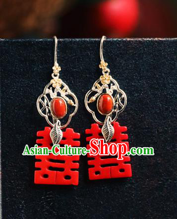 Handmade Chinese Classical Cheongsam Red Earrings Accessories Silver Eardrop Traditional Wedding Ear Jewelry