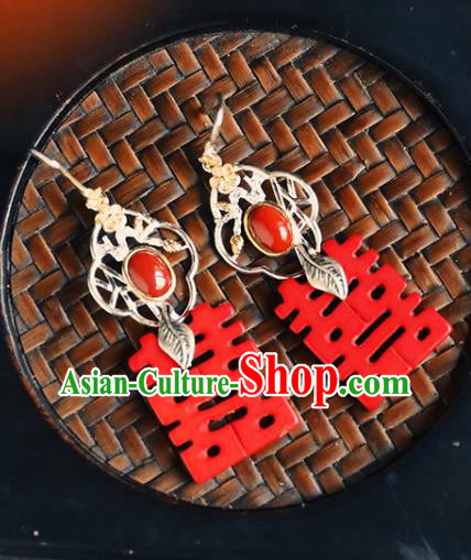 Handmade Chinese Classical Cheongsam Red Earrings Accessories Silver Eardrop Traditional Wedding Ear Jewelry