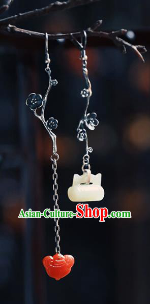Handmade Chinese Classical Cheongsam Silver Plum Earrings Accessories Eardrop Traditional Jade Lock Ear Jewelry
