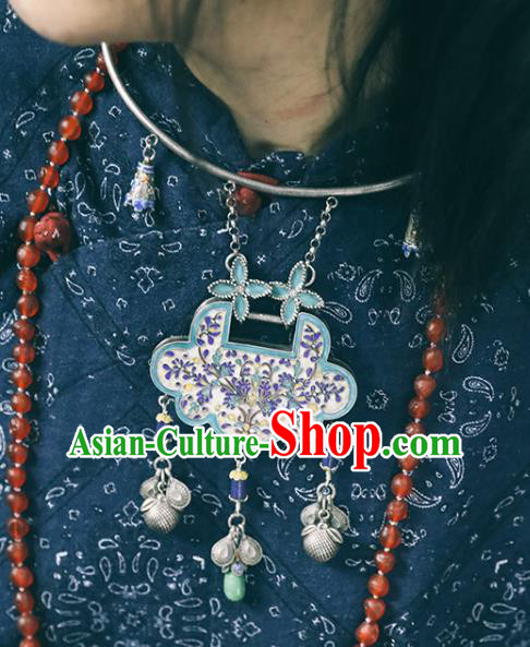 Chinese Classical Blueing Longevity Lock Jewelry National Silver Necklace Handmade Ethnic Necklet Accessories