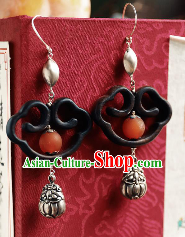Handmade Chinese Ebony Eardrop Accessories Classical Cheongsam Silver Earrings Traditional Ear Jewelry