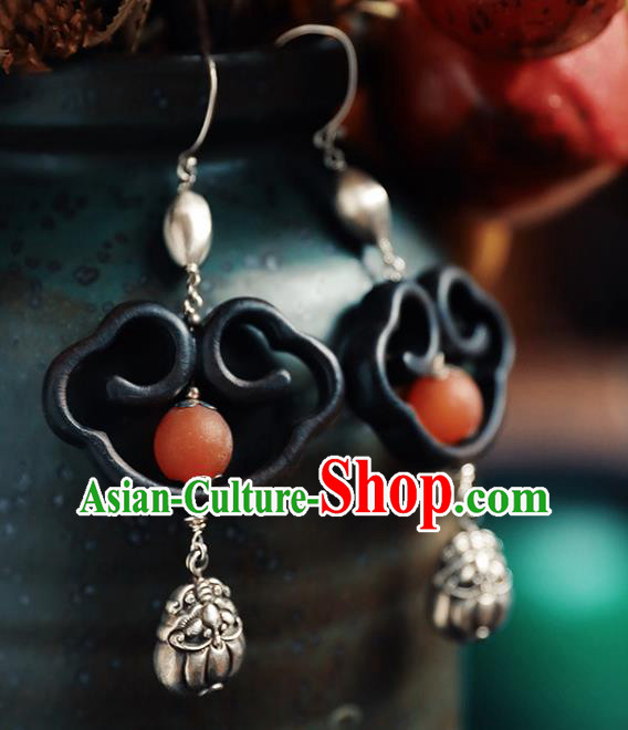 Handmade Chinese Ebony Eardrop Accessories Classical Cheongsam Silver Earrings Traditional Ear Jewelry