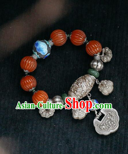 China Traditional Silver Bracelet Accessories Agate Beads Wristlet Classical Bangle Jewelry