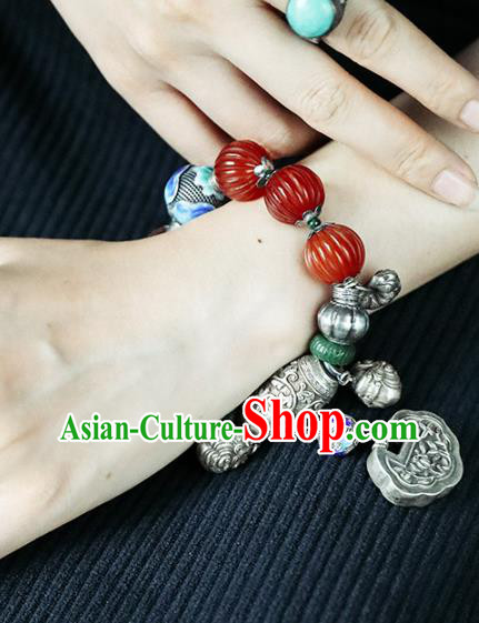 China Traditional Silver Bracelet Accessories Agate Beads Wristlet Classical Bangle Jewelry