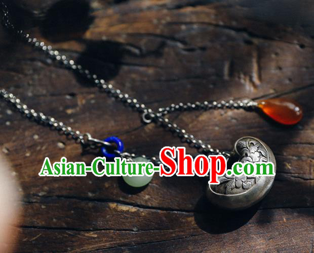 Chinese National Necklace Classical Cheongsam Jewelry Handmade Ethnic Silver Necklet Longevity Lock Accessories