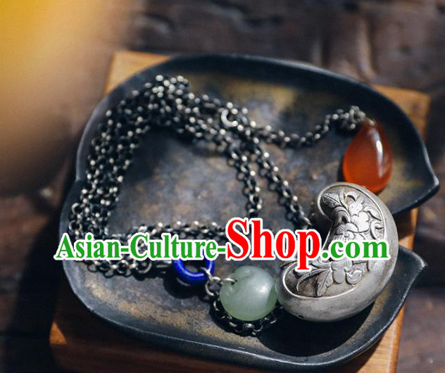 Chinese National Necklace Classical Cheongsam Jewelry Handmade Ethnic Silver Necklet Longevity Lock Accessories