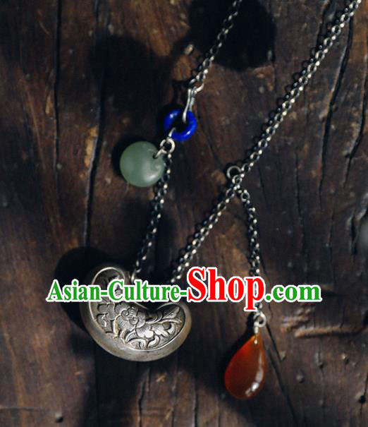 Chinese National Necklace Classical Cheongsam Jewelry Handmade Ethnic Silver Necklet Longevity Lock Accessories