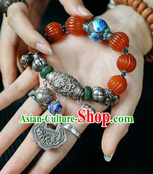 China Traditional Silver Bracelet Accessories Agate Beads Wristlet Classical Bangle Jewelry
