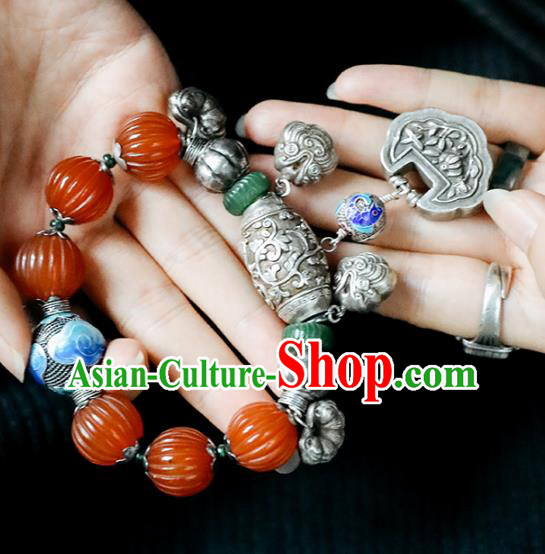 China Traditional Silver Bracelet Accessories Agate Beads Wristlet Classical Bangle Jewelry