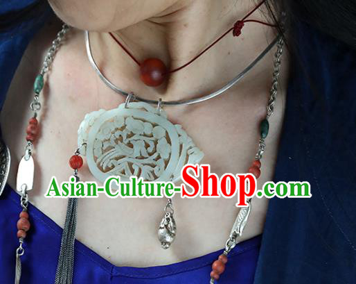 Chinese Classical Jewelry National Silver Necklace Handmade Ethnic Jade Carving Teapot Necklet Accessories