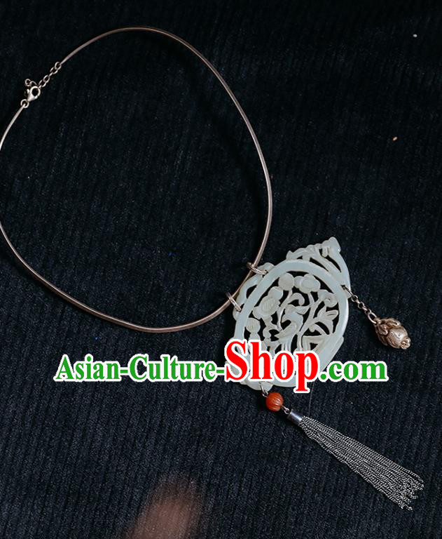 Chinese Classical Jewelry National Silver Necklace Handmade Ethnic Jade Carving Teapot Necklet Accessories